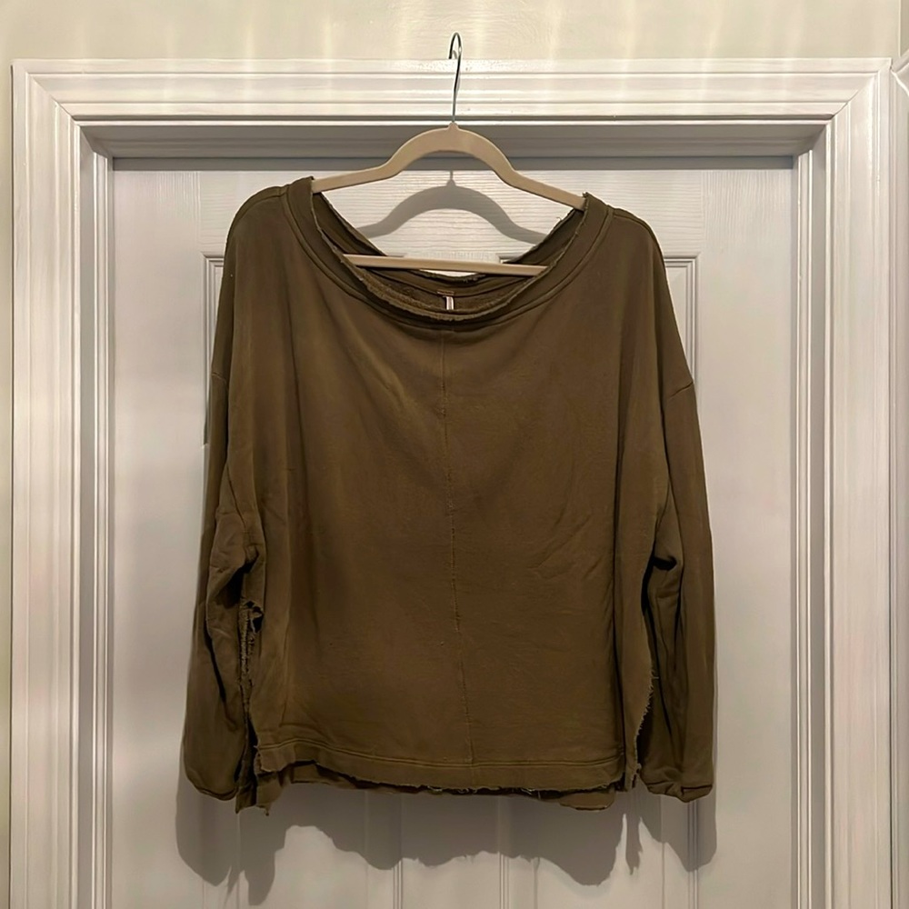 Free People Sage Green Distressed Long Sleeve Top